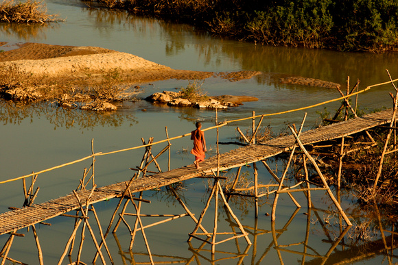 Laos - Mekong River - Bamboo Bridge and Monk